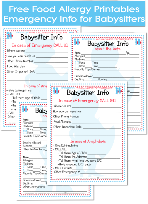 Babysitter Emergency Info Forms Lil Allergy Advocates